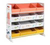SONGMICS Scaffale per Giocattoli con 12 Contenitori, Struttura in MDF | Mobile Portaoggetti per Bambini, Tessuto Non Tessuto, Rimovibili, Bianco e Giallo, TEZA GKRS04WT