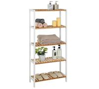 SONGMICS Scaffale Portaoggetti in Bambù, 5 Ripiani, 60 x 26,2 x 130,9 cm | Mensola Multiuso, per Ingresso, Bagno, Soggiorno, Balcone, Cucina, Bambù Chiaro e Bianco Nuvola, Collezione BAMBOU BCB35WN