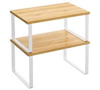 SONGMICS Scaffale Portaspezie, Set di 2 Organizzatori da Cucina Espandibili, Scaffale da Cucina Impilabile, Metallo e Legno Ingegnerizzato, Bianco Nuvola e Beige Naturale KCS02NW