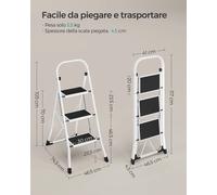 SONGMICS Scaletta, Scaletta a 3 gradini, Scaletta pieghevole, Blocco di sicurezza, Stoccaggio salvaspazio, Può contenere fino a 150 kg, Simiply White