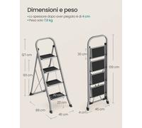 SONGMICS Scaletta, Scaletta a 4 gradini, Scaletta pieghevole, Blocco di sicurezza, Stoccaggio salvaspazio, Può contenere fino a 150 kg, Grigio colomba