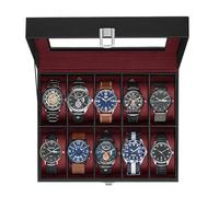 SONGMICS Scatola per orologi, 10 scomparti con coperchio in vetro grande, cuscini rimovibili, organizer per orologi, regalo per i propri cari, pelle sintetica nera, fodera in rosso vino, UJWB010R01