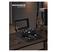 SONGMICS Scatola per orologi a 2 livelli, coperchio in vetro, 12 orologi, con serratura, 1 cassetto, anelli, bracciali, idea regalo