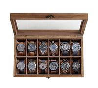 SONGMICS Scatola per Orologi, per Natale, Scatola Porta Orologi a 12 Scomparti, Portaorologi in Legno con Coperchio in Vetro e Cuscinetti Rimovibili, Idea Regalo, Noce Rustico JOW120K01