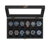 SONGMICS Scatola per Orologi, Scatola Porta Orologi a 12 Scomparti, Portaorologi in Legno con Coperchio in Vetro e Cuscinetti Rimovibili, Idea Regalo, Nero Inchiostro JOW120B02