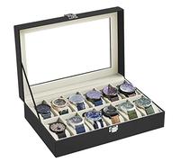 SONGMICS Scatola Porta Orologi con 12 Scomparti, Custodia per Orologi con Coperchio in Vetro, Cofanetto per Orologi, Fodera in Velluto, Serratura Metallica, Regali Natale, Fodera Beige JWB12BE