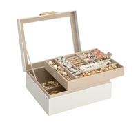 SONGMICS Scatola Portagioie, 2 Livelli, Coperchio in Vetro, Porta Gioielli e Accessori Grandi, Moderno, Bianco Nuvola e Dorato JBC238W01