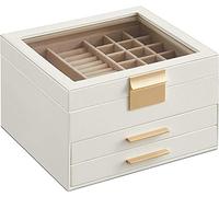SONGMICS Scatola Portagioie, 3 Livelli, Coperchio in Vetro, Porta Gioielli e Accessori Grandi, Moderno, Bianco Nuvola e Dorato JBC239WT