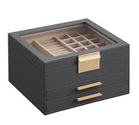 SONGMICS Scatola Portagioie, 3 Livelli, Coperchio in Vetro, Porta Gioielli e Accessori Grandi, Moderno, Grigio e Dorato JBC239G02