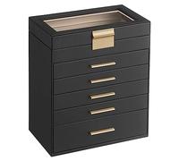 SONGMICS Scatola Portagioie, 6 Livelli, Coperchio in Vetro, 5 Cassetti, Porta Gioielli, Occhiali da Sole e Accessori Grandi, Moderno, Nero Grafite e Dorato JBC171B01