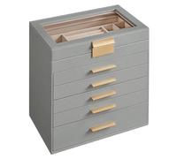 SONGMICS Scatola Portagioie, 6 Livelli, Coperchio in Vetro, 5 Cassetti, Porta Gioielli, Occhiali da Sole e Accessori Grandi, Moderno, Grigio Tortora e Dorato JBC171G01