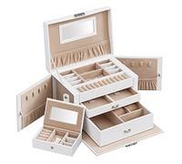SONGMICS Scatola Portagioie a 3 livelli, con 2 Cassetti | Mini Box Portatile da Viaggio, Maniglia, Chiusura, PU Bianco Nuvola, Fodera Beige, Collezione BRIDIE JBC121W
