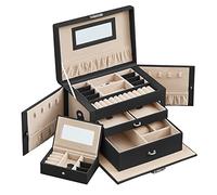 SONGMICS Scatola Portagioie a 3 livelli, con 2 Cassetti | Mini Box Portatile da Viaggio, Maniglia, Chiusura, PU Nero Inchiostro, Fodera Beige, Collezione BRIDIE JBC121B