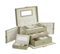 SONGMICS Scatola Portagioie a 3 livelli, Porta Gioielli con 2 Cassetti, con Mini Box Portatile da Viaggio, Maniglia, Chiudibile a Chiave, Idea Regalo, PU Verde Alloro, Fodera Bianca Crema JBC121C02