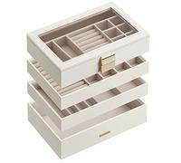 SONGMICS Scatola Portagioie con 4 Vassoi Impilabili, Porta Gioielli Capiente, Coperchio in Vetro Chiaro, 17 x 28 x 18,3 cm, per Cassetto Toeletta, Idea Regalo, Bianco Nuvola JBC164W01