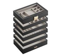SONGMICS Scatola Portagioie con 6 Vassoi Impilabili, Porta Gioielli Capiente, Coperchio in Vetro Chiaro, 17 x 28 x 25,3 cm, per Cassetto Toeletta, Idea Regalo, Nero Inchiostro JBC195B01