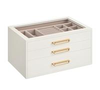 SONGMICS Scatola Portagioie, Porta Gioielli a 3 Livelli con Finestra in Vetro, 3 Cassetti, Capiente, Moderno, Maniglie Dorate, Idea Regalo, 16 x 24 x 12,5 cm, Bianco Crema JBC206WD01