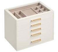 SONGMICS Scatola Portagioie, Porta Gioielli a 5 Livelli con Finestra in Vetro, 5 Cassetti, Capiente, Moderno, Maniglie Dorate, Idea Regalo, 17,2 x 24 x 18,4 cm, Bianco Crema JBC205WD01