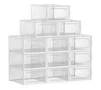SONGMICS Scatole per Scarpe, Pacco da 12 Contenitori per Scarpe, Organizzatori Pieghevoli e Impilabili, Fino a Taglia 44, Trasparente e Bianco LSP12SWT