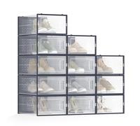 SONGMICS Scatole per Scarpe, Pacco da 12 Contenitori per Scarpe, Organizzatori Pieghevoli e Impilabili, Fino a Taglia 44, Trasparente e Blu Carbone LSP12SB30