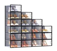 SONGMICS Scatole per Scarpe, Pacco da 18 Contenitori per Scarpe, Organizzatori Porta Scarpe Pieghevoli e Impilabili, Fino a Taglia 44, Trasparente e Nero LSP18SBKV1