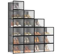 SONGMICS Scatole per Scarpe, Pacco da 18 Contenitori per Scarpe, Organizzatori Porta Scarpe Pieghevoli e Impilabili, Fino a Taglia 46, Trasparente e Nero LSP007B18