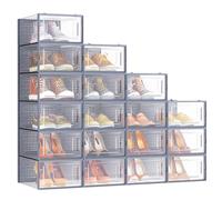 SONGMICS Scatole per Scarpe, Pacco da 18 Contenitori per Scarpe, Organizzatori Porta Scarpe Pieghevoli e Impilabili, Fino a Taglia 44, Trasparente e Grigio LSP006G18