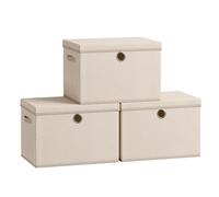 SONGMICS Scatole Portaoggetti con Coperchio, Set di 3 Contenitori in Tessuto, Pannelli Interni in PP Inodori, Pieghevoli e Impilabili, Maniglie, 43 x 30 x 30 cm, Beige Sabbia RFB545LF01