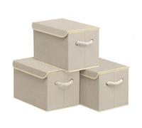 SONGMICS Scatole Portaoggetti con Coperchio, Set di 3, Contenitori in Tessuto Pieghevoli, Organizer per Armadio, Manici, per Camera da Letto Soggiorno, 38 x 25 x 25 cm, Beige Sabbia RFB013LZ01