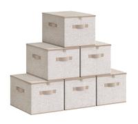 SONGMICS Scatole Portaoggetti con Coperchio, Set di 6, 40 x 30 x 25 cm | Scatole per armadio, Contenitori Pieghevoli con Maniglie, Tessuto non Tessuto, Beige, Collezione TINA RZB003K02