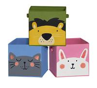 SONGMICS Scatole Portaoggetti per Bambini, 30 x 30 x 30 cm, Set di 3 Contenitori Pieghevoli per Giochi con Maniglie, Stanza dei Giochi, Tema Animali, Rosa, Azzurro e Verde, Natale,RFB075P01