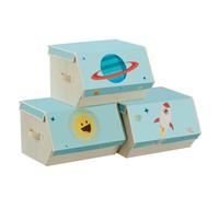SONGMICS Scatole portaoggetti per bambini, set di 3 scatole portaoggetti impilabili e pieghevoli, con maniglie e coperchio magnetico, cameretta e sala giochi, tema spaziale, blu/beige
