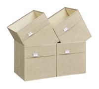 SONGMICS Scatole Portaoggetti, Set da 4 Contenitori a Cubo, 30 x 30 x 30 cm, 2 Maniglie, Pieghevole, Tessuto Oxford e Tessuto Simil Lino, Lavabile, Porta Etichette, Beige Sabbia ROB230Y04