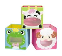 SONGMICS Scatole portaoggetti, set di 3, organizzatori di giocattoli, cestino, pieghevole, per cameretta dei bambini, sala giochi, 27 x 27 x 27 cm, tema animali, blu, verde e rosa