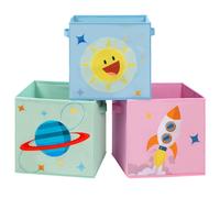 SONGMICS Scatole portaoggetti, set di 3, organizzatori di giocattoli, contenitori pieghevoli con maniglie, per cameretta dei bambini, sala giochi, 30 x 30 x 30 cm, tema spaziale, blu, verde e rosa
