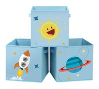 SONGMICS Scatole portaoggetti, set di 3, organizzatori di giocattoli, contenitori pieghevoli con maniglie, per cameretta dei bambini, sala giochi, 30 x 30 x 30 cm, tema spaziale, blu/verde
