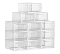 SONGMICS Scatole Portascarpe in Plastica, Set di 12 Organizer, Scatole Portascarpe Pieghevoli e Impilabili per Sneakers fino alla Taglia 44, Trasparenti e Bianche/Trasparenti e Blu Carbone/Trasparenti