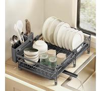 SONGMICS Scolapiatti, per Spazi Ridotti, Portapiatti da Cucina Estensibile, Capiente, Beccuccio Estensibile e Girevole a 360°, Acciaio, (30,2-46,5) x 29,6 x 14 cm, Grigio Antracite KCS556GT01