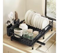 SONGMICS Scolapiatti, per Spazi Ridotti, Portapiatti da Cucina Estensibile, Capiente, Beccuccio Estensibile e Girevole a 360°, Acciaio, (30,2-46,5) x 29,6 x 14 cm, Nero Inchiostro KCS556BH01