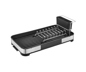 SONGMICS Scolapiatti Piccolo, Asciugapiatti da Banco Compatto, Stendipiatti in Acciaio Inox con Scarico, Portaposata, Antiruggine, per Piatti, Coltelli, Cucchiai, Forchette, Argento e Nero KCS034B01