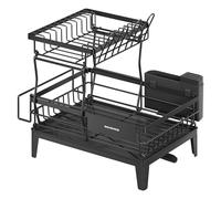 SONGMICS Scolapiatti, Portapiatti da Cucina a 2 Ripiani, Beccuccio Estensibile e Girevole a 360°, Raccogligocce, con Portaposate, 31 x 42 x 36,5 cm, Nero Inchiostro KCS551BH01