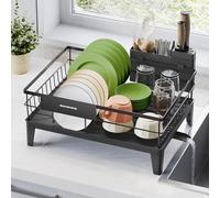 SONGMICS Scolapiatti, Portapiatti da Cucina, Beccuccio Estensibile e Girevole a 360°, Raccogligocce, con Portaposate, 31 x 42 x 18,5 cm, Nero Inchiostro KCS550B01