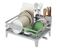 SONGMICS Scolapiatti, Portapiatti da Cucina, Beccuccio Estensibile e Girevole a 360°, Raccogligocce, con Portaposate, 31 x 42 x 18,5 cm, Grigio Tortora KCS550G01