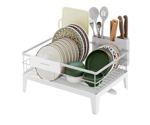 SONGMICS Scolapiatti, Portapiatti da Cucina, Beccuccio Estensibile e Girevole a 360°, Raccogligocce, con Portaposate, 31 x 42 x 18,5 cm, Bianco Nuvola KCS550WG01