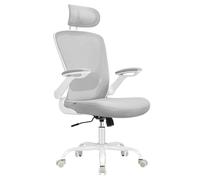 SONGMICS Sedia da Ufficio Girevole, Sedia di Rete da Computer Ergonomica, Supporto Lombare, Oscillante, Seduta 53 cm, Braccioli Pieghevoli, Poggiatesta, Grigio Tortora OBN047G01