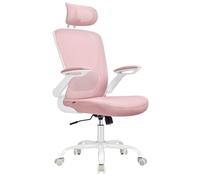 SONGMICS Sedia da Ufficio Girevole, Sedia di Rete da Computer Ergonomica, Supporto Lombare, Oscillante, Seduta 53 cm, Braccioli Pieghevoli, Poggiatesta, Rosa Pastello OBN047R01