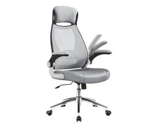 SONGMICS Sedia da Ufficio, Poltrona Girevole, con Braccioli Ribaltabili, Poggiatesta e Supporto Lombare, Inclinazione ad Oscillamento, Superficie in Rete, Grigio Tortora OBN86G01