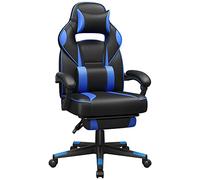 SONGMICS Sedia da Ufficio, Poltrona Racing Ergonomica, Poggiapiedi Telescopico, Schienale Inclinabile, Poggiatesta e Supporto Lombare, Portante di 150 kg, Nero Inchiostro e Azzurro Cielo OBG073B04