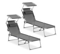 SONGMICS Set da 2 Sedie a Sdraio Pieghevoli, 189 x 53 x 28,5 cm, con Cusicni, Lettini Prendisole, Portata 110 kg Ciascuno, Parasole e Schienale Regolabili, per Terrazza e Balcone, Grigio GCB292GZ02