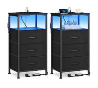 SONGMICS Set di 2 Comodini Camera da Letto, con Stazione di Ricarica e Luci LED, 3 Cassetti in Tessuto, Ripiano Aperto, 39,6 x 30 x 75,9 cm, Nero Inchiostro, Collezione Bellah LGS203B102
